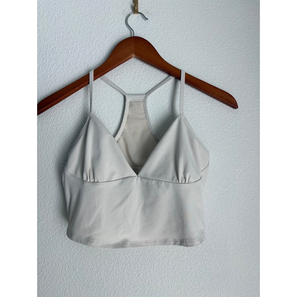Fabletics Womens Racerback Crop Top V-Neck Built-in Bra Mesh Back‎ Light Gray